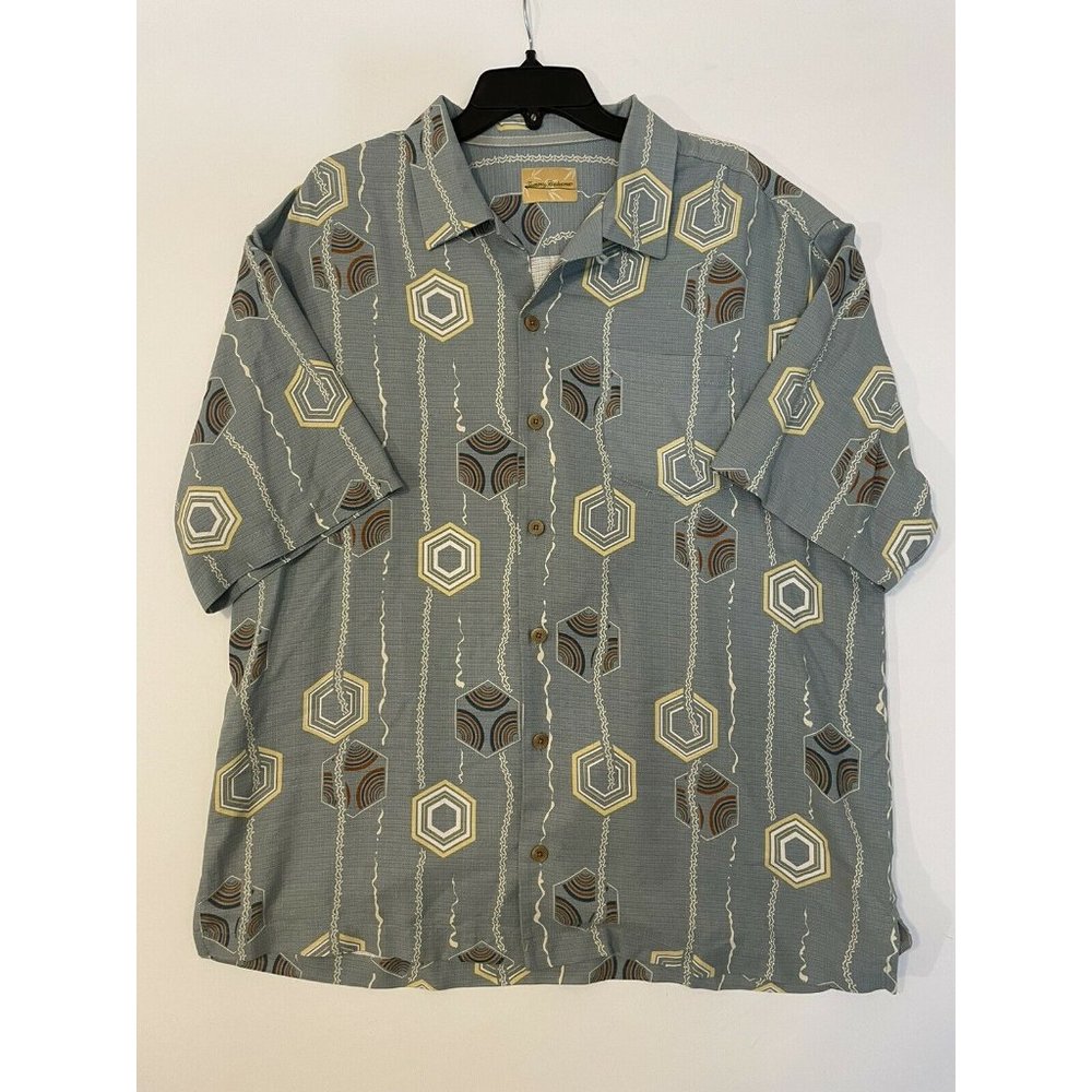 Tommy Bahama Mens Short Sleeve 100% Silk Shirt Size XL Hexagon Stripe Pattern